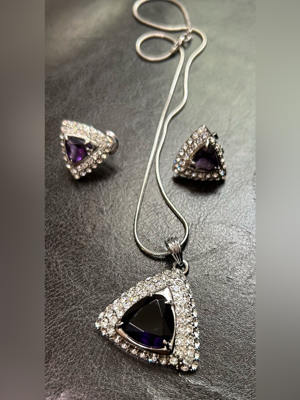 Silver-Tone Purple Triangle Pendant Necklace and Earring Set - Picture 2 of 4